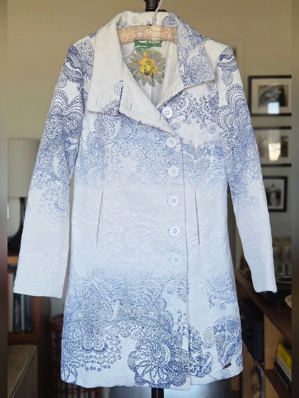 Desigual White & Blue Ombre Tapestry Long Coat - Picture 8 of 11